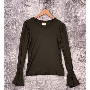 Nation LTD Shirt Small Womens Green Pima Slub Long Sleeve Puff Smocked Top